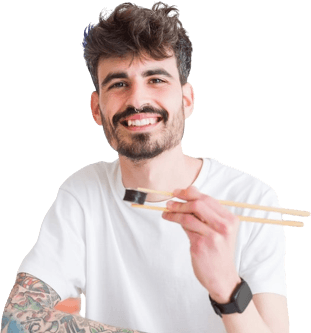 A person eating asian food